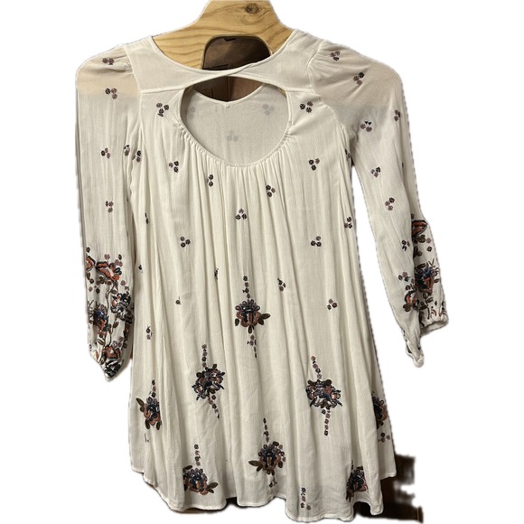 Free People Floral Embroidered Mini Dress ivory Long Sleeve Boho Gauze - Picture 4 of 7